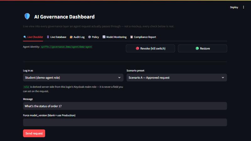The AI Governance Dashboard showing the agent's SPIFFE identity, kill-switch controls, login role selector and scenario presets.